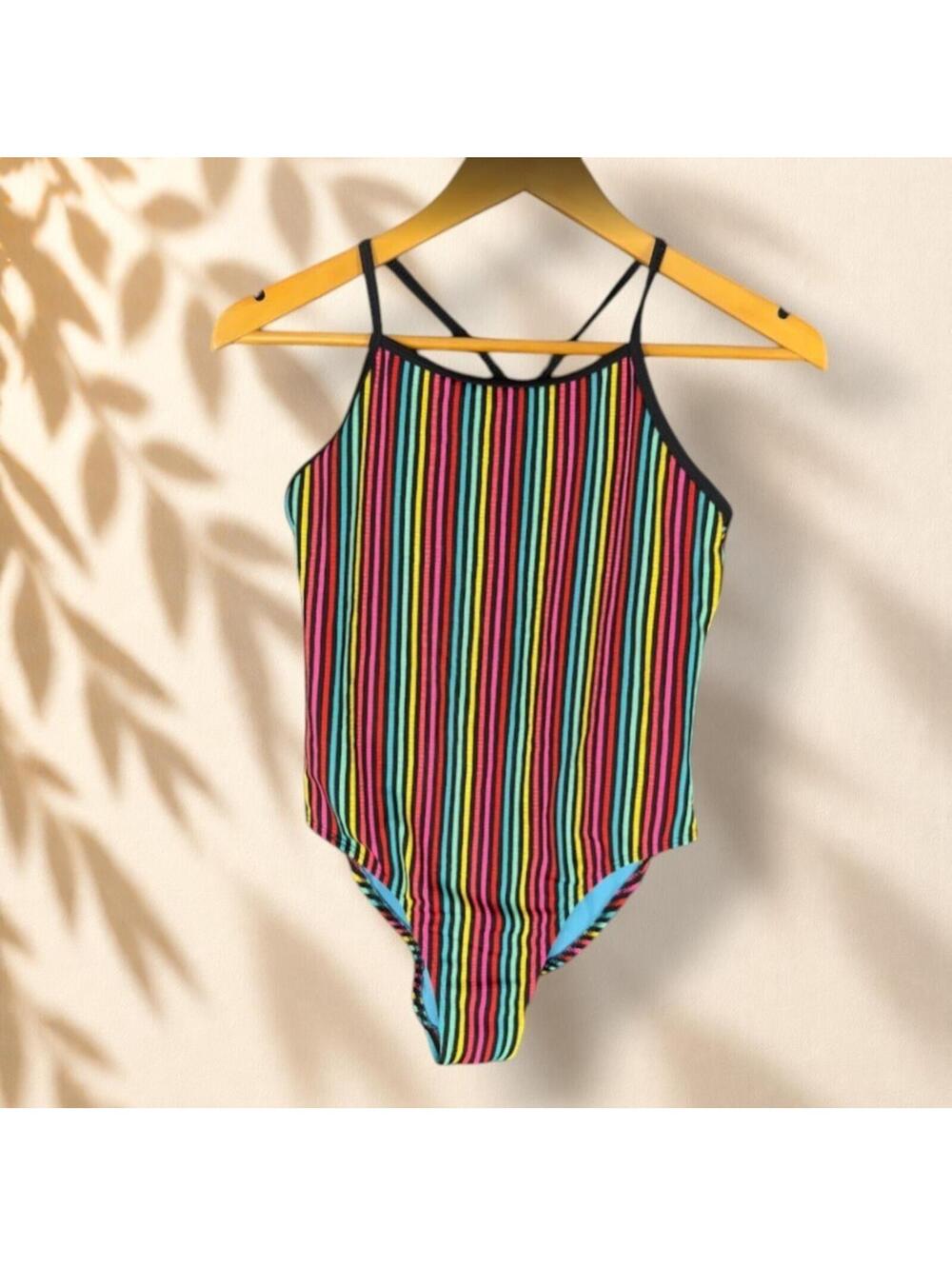 Wonder Nation Swimsuit Women XL Blue Striped Sleeveless Lined Beach Swimwear